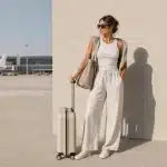 Woman with a rolling suitcase standing on the airport tarmac in front of a parked plane, ready for travel