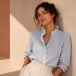 Confident woman in a tailored striped blouse and tan trousers standing with good posture, reflecting a polished, put-together look