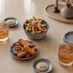 Table spread of fried mozzarella sticks, seasoned fries, and iced cocktails, examples of the fried foods and sugary drinks that can harm skin health