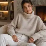 Woman in a cozy cream turtleneck sweater relaxing in an armchair by a lit stone fireplace, illustrating winter skin care and self-care season