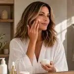 Woman applying moisturizer to her face in front of a bathroom mirror as part of a daily skincare routine