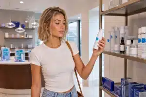 Woman examining a medical-grade skincare product on a boutique shelf lined with skin care items