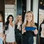 Four-panel collage of CSPS providers holding the menu of services, product boxes, Restylane Kysse and a facial anatomy chart