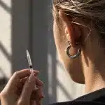 Close-up over the shoulder of a person holding a fine-gauge syringe in warm window light
