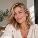Woman with shoulder-length blonde hair smiling in a cream knit cardigan beside a sunlit window